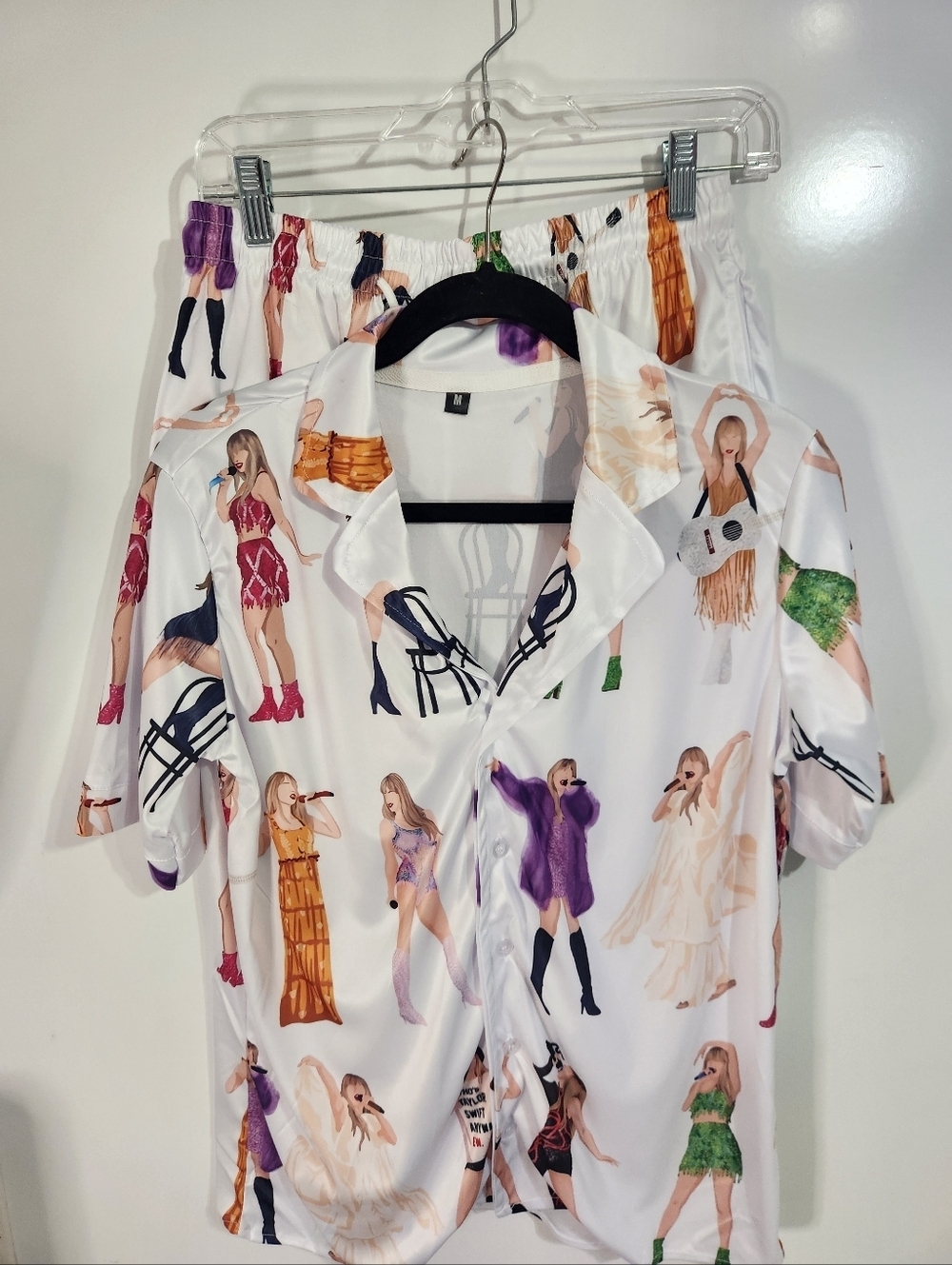 Swiftie Satin Button-Up Set with Pop Art Singer Print - White, Size Medium